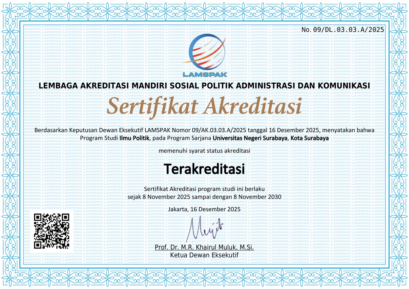 Sertifikat Akreditasi LAMSPAK No. 09/DL.03.03.A/2025 — Program Studi Ilmu Politik Universitas Negeri Surabaya, status Terakreditasi, berlaku 8 November 2025 s.d. 8 November 2030